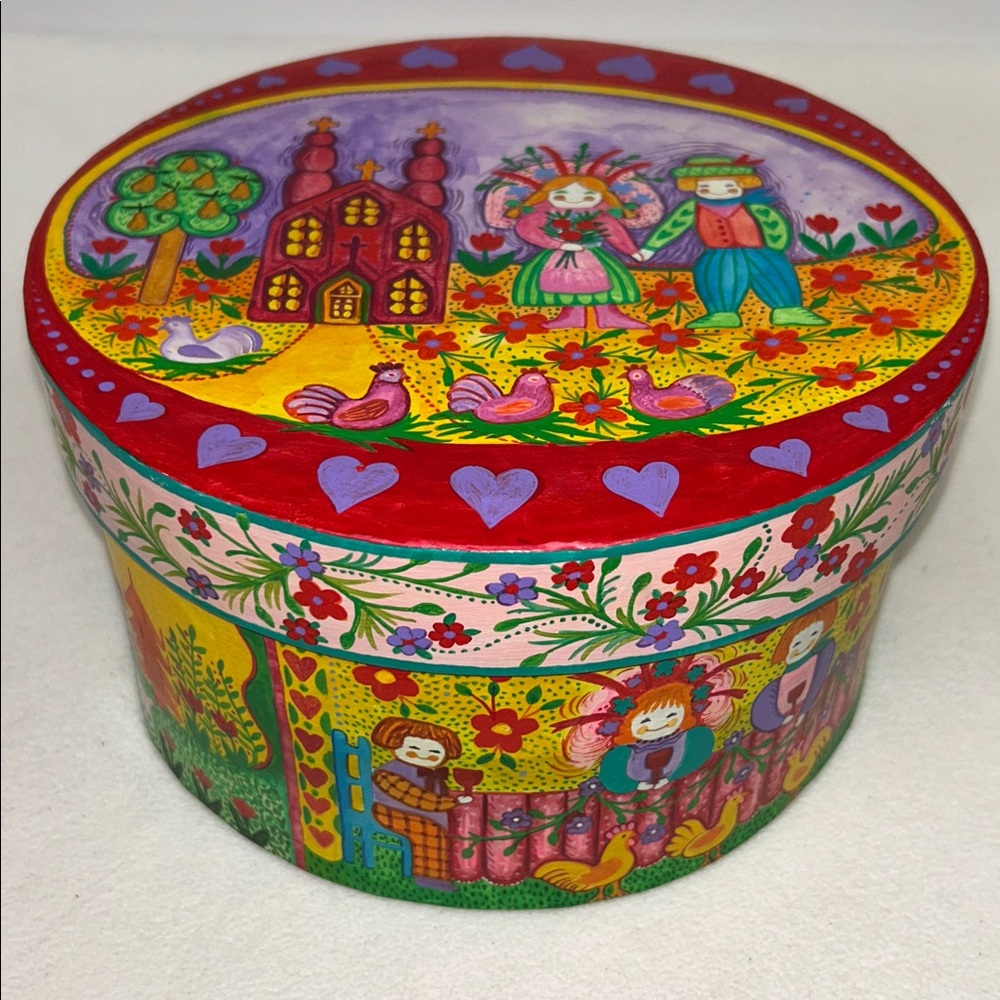 Vintage 1992 hand painted 9 x 5 folk art  “Wedding Box” by Joan Scott Cox
